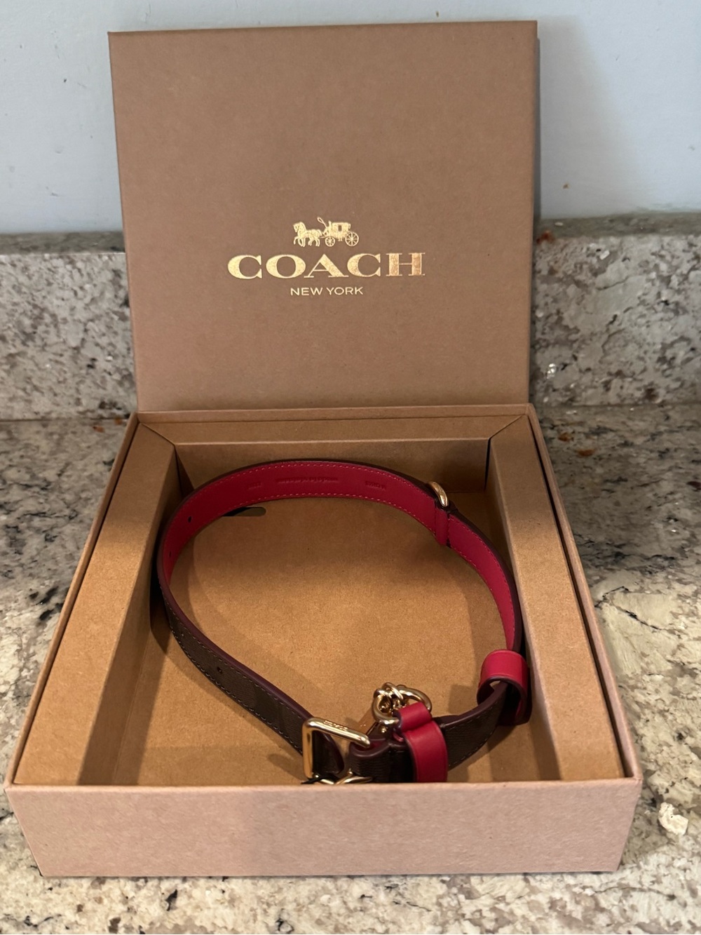 NWT Coach Signature Brown Red Gold Leather Dog Collar MEDIUM 13”- 16” AUTHENTIC